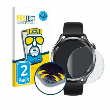 Front side of a product packaging with the brand logo BROTECT. Next to it is the device Xiaomi Watch S4 (47 mm) shown with the