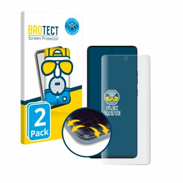 Front side of a product packaging with the brand logo BROTECT. Next to it is the device Motorola Edge 50 shown with the corres