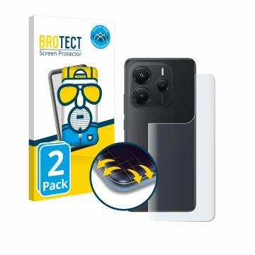 Front side of a product packaging with the brand logo BROTECT. Next to it is the device Xiaomi Redmi Note 14 (Back) shown with