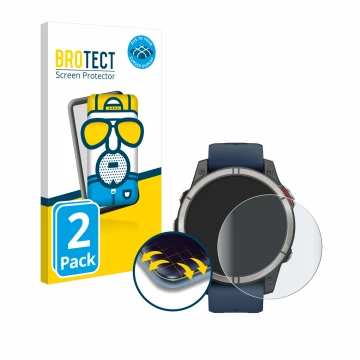 Front side of a product packaging with the brand logo BROTECT. Next to it is the device Garmin quatix 7 Pro shown with the cor