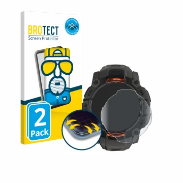 Front side of a product packaging with the brand logo BROTECT. Next to it is the device Garmin Instinct 3 Solar (50 mm) shown 