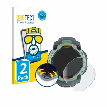 Front side of a product packaging with the brand logo BROTECT. Next to it is the device Garmin Instinct 3 AMOLED (45 mm) shown