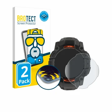 Front side of a product packaging with the brand logo BROTECT. Next to it is the device Garmin Instinct 3 Solar (45 mm) shown 
