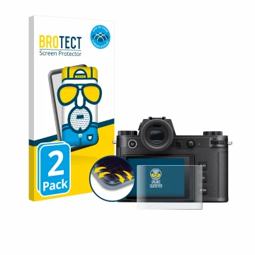 Front side of a product packaging with the brand logo BROTECT. Next to it is the device Leica SL3-S shown with the correspondi