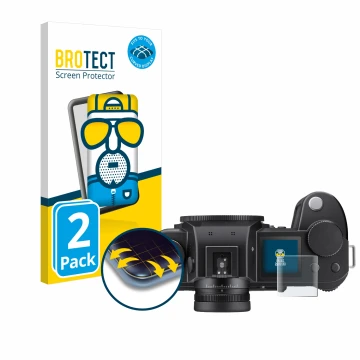 Front side of a product packaging with the brand logo BROTECT. Next to it is the device Leica SL3-S (top plate display) shown 