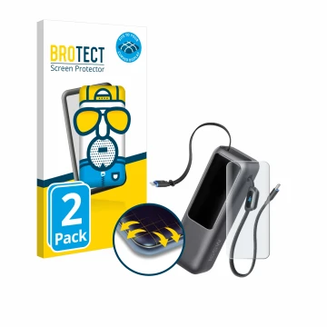 Front side of a product packaging with the brand logo BROTECT. Next to it is the device Anker Laptop Powerbank A1695 shown wit