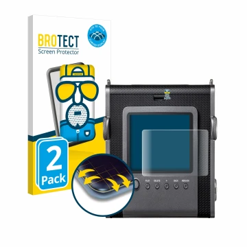 Front side of a product packaging with the brand logo BROTECT. Next to it is the device Fujifilm Instax Wide Evo shown with th