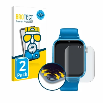 Front side of a product packaging with the brand logo BROTECT. Next to it is the device Maxcom FW59 Kiddo 4G shown with the co