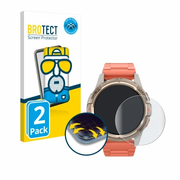 Front side of a product packaging with the brand logo BROTECT. Next to it is the device Xiaomi Mibro GS Active shown with the 