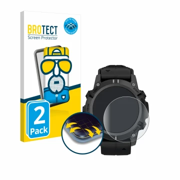 Front side of a product packaging with the brand logo BROTECT. Next to it is the device Garmin Descent G2 shown with the corre