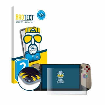 Front side of a product packaging with the brand logo BROTECT. Next to it is the device MSI Claw 8 AI+ shown with the correspo