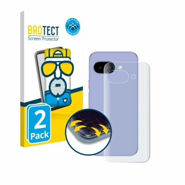 Front side of a product packaging with the brand logo BROTECT. Next to it is the device Google Pixel 9a (Back) shown with the 