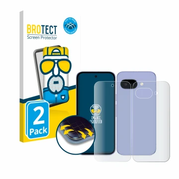 Front side of a product packaging with the brand logo BROTECT. Next to it is the device Google Pixel 9a (Front+Back) shown wit