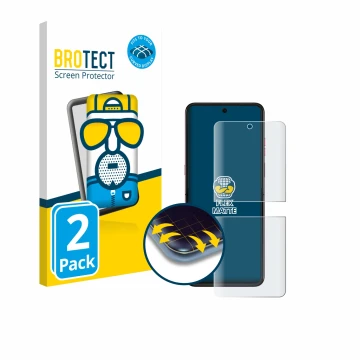 Front side of a product packaging with the brand logo BROTECT. Next to it is the device Motorola Razr 60 Ultra shown with the 