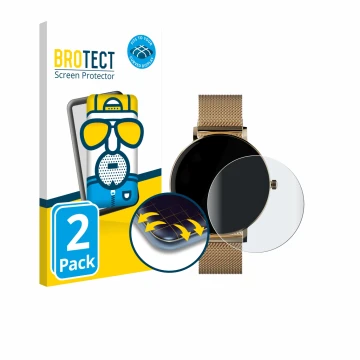 Front side of a product packaging with the brand logo BROTECT. Next to it is the device ZenWatch Venice Pro shown with the cor