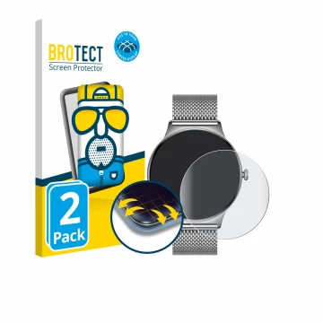 Front side of a product packaging with the brand logo BROTECT. Next to it is the device Pireware Slim Smartwatch shown with th