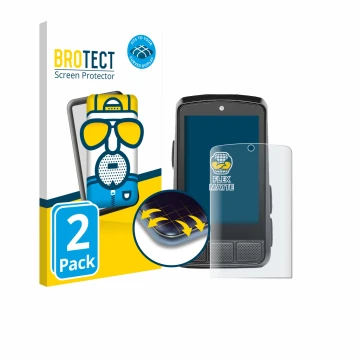 Front side of a product packaging with the brand logo BROTECT. Next to it is the device Wahoo Elemnt Bolt 3 shown with the cor