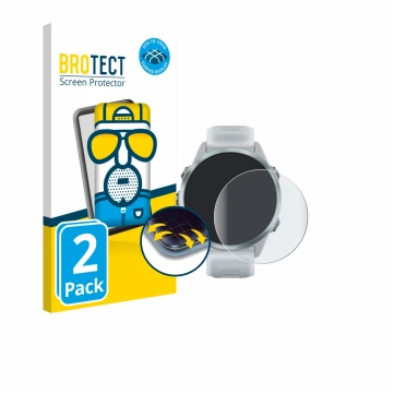 Front side of a product packaging with the brand logo BROTECT. Next to it is the device Garmin Forerunner 570 (42 mm) shown wi