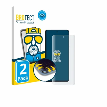 Front side of a product packaging with the brand logo BROTECT. Next to it is the device Motorola Moto G86 shown with the corre