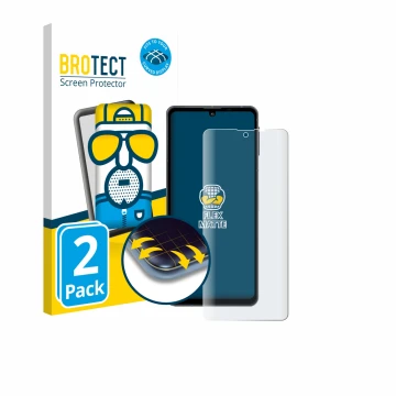 Front side of a product packaging with the brand logo BROTECT. Next to it is the device Sharp Aquos Sense 8 shown with the cor