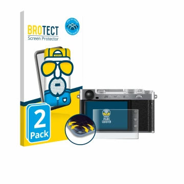 Front side of a product packaging with the brand logo BROTECT. Next to it is the device Fujifilm X-E5 shown with the correspon