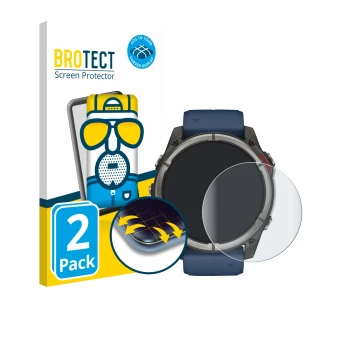 Front side of a product packaging with the brand logo BROTECT. Next to it is the device Garmin quatix 8 (51 mm) shown with the