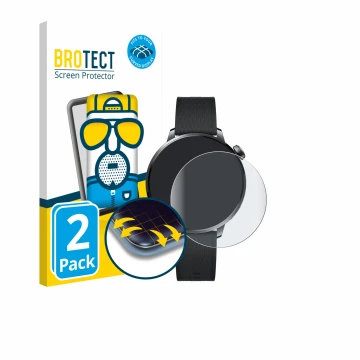Front side of a product packaging with the brand logo BROTECT. Next to it is the device OnePlus Watch 3 (43 mm) shown with the