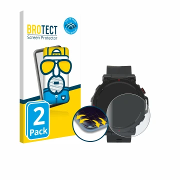 Front side of a product packaging with the brand logo BROTECT. Next to it is the device Crivit Sport-Smartwatch shown with the