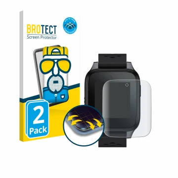Front side of a product packaging with the brand logo BROTECT. Next to it is the device TCL Family Watch MT46 shown with the c