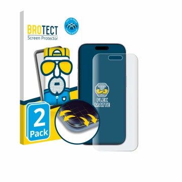 Front side of a product packaging with the brand logo BROTECT. Next to it is the device Apple iPhone 17 shown with the corresp