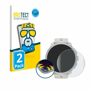 Front side of a product packaging with the brand logo BROTECT. Next to it is the device Suunto Race 2 shown with the correspon