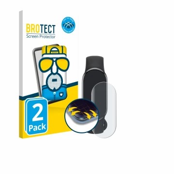 Front side of a product packaging with the brand logo BROTECT. Next to it is the device Xiaomi Smart Band 10 shown with the co