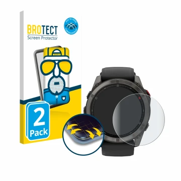 Front side of a product packaging with the brand logo BROTECT. Next to it is the device Garmin Fenix 8 Pro AMOLED (51 mm) show