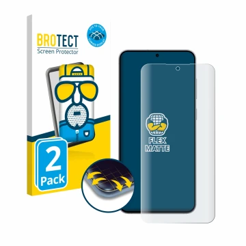 Front side of a product packaging with the brand logo BROTECT. Next to it is the device Samsung Galaxy S25 FE shown with the c