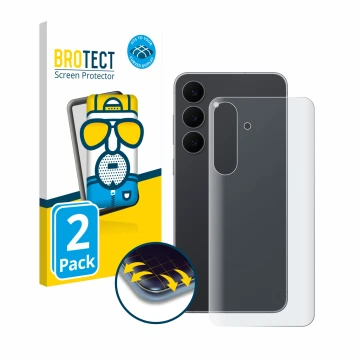 Front side of a product packaging with the brand logo BROTECT. Next to it is the device Samsung Galaxy S25 FE (Back) shown wit
