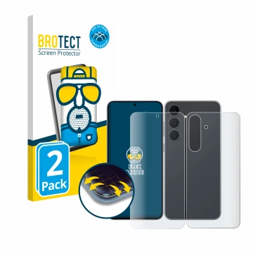 Front side of a product packaging with the brand logo BROTECT. Next to it is the device Samsung Galaxy S25 FE (Front+Back) sho