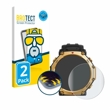 Front side of a product packaging with the brand logo BROTECT. Next to it is the device Huami Amazfit T-Rex 3 Pro (48 mm) show