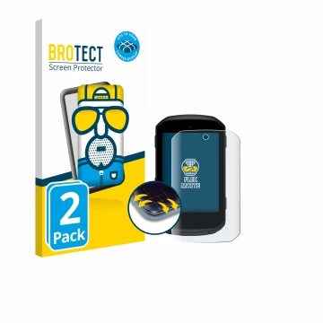 Front side of a product packaging with the brand logo BROTECT. Next to it is the device Garmin Edge 850 shown with the corresp