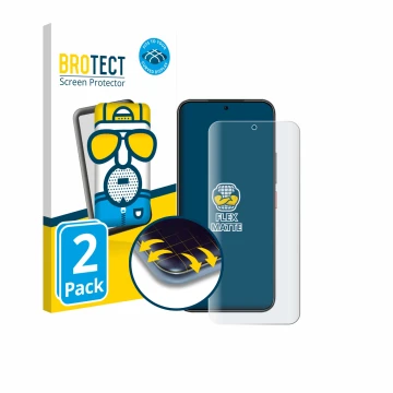 Front side of a product packaging with the brand logo BROTECT. Next to it is the device Nubia Air shown with the corresponding