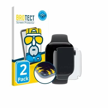 Front side of a product packaging with the brand logo BROTECT. Next to it is the device Apple Watch Series 11 (46 mm) shown wi