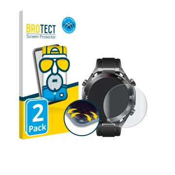 Front side of a product packaging with the brand logo BROTECT. Next to it is the device Huawei Watch Ultimate 2 Black shown wi