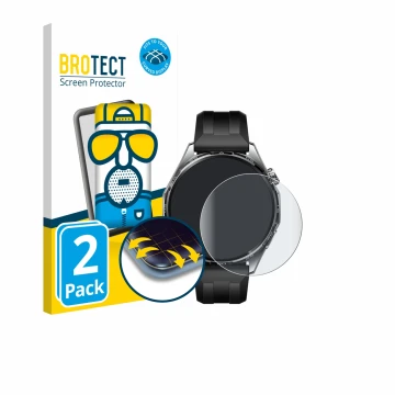 Front side of a product packaging with the brand logo BROTECT. Next to it is the device Huawei Watch GT 6 (46 mm) shown with t
