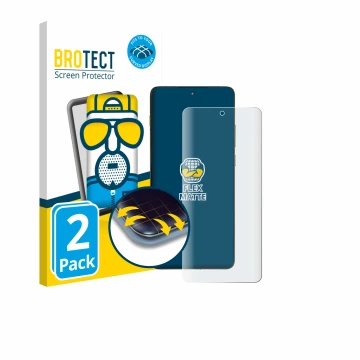 Front side of a product packaging with the brand logo BROTECT. Next to it is the device Motorola Edge 70 shown with the corres