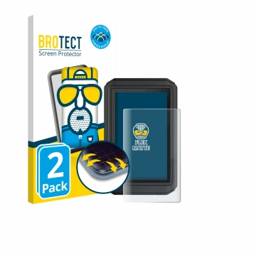 Front side of a product packaging with the brand logo BROTECT. Next to it is the device Garmin eTrex Touch 2025 shown with the