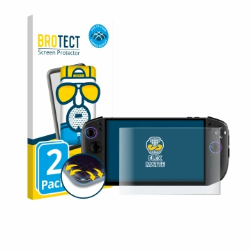 Front side of a product packaging with the brand logo BROTECT. Next to it is the device Lenovo Legion Go Gen 2 shown with the 