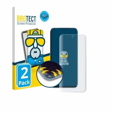 Front side of a product packaging with the brand logo BROTECT. Next to it is the device Tecno Pova Slim shown with the corresp
