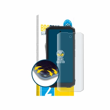 Front side of a product packaging with the brand logo BROTECT. Next to it is the device Cubot King Kong Mini 4 shown with the 
