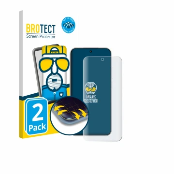 Front side of a product packaging with the brand logo BROTECT. Next to it is the device Xiaomi Poco F8 Pro shown with the corr