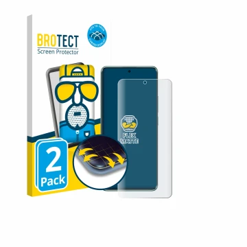 Front side of a product packaging with the brand logo BROTECT. Next to it is the device Xiaomi Redmi Note 14 Pro 4G shown with