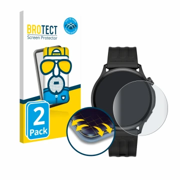 Front side of a product packaging with the brand logo BROTECT. Next to it is the device OnePlus Watch Lite shown with the corr